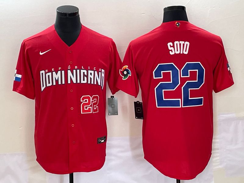 Men 2023 World Cub Dominicana 22 Soto Red Nike MLB Jersey3